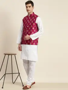 SOJANYA Men White Kurta with Churidar & Nehru Jacket