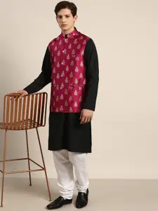 SOJANYA Men Black Solid Pure Cotton Straight Kurta Churidar & Woven Design Nehru Jacket