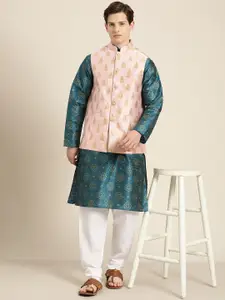 SOJANYA Men Teal Blue & Gold Floral Straight Kurta Churidar & Woven Design Nehru Jacket