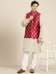 SOJANYA Men Cream-Coloured & Coffee Brown Floral Straight Kurta Churidar Nehru Jacket
