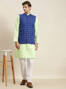 SOJANYA Men Green & Blue Kurta with Churidar & Nehru Jacket