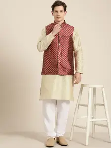 SOJANYA Men Cream-Coloured Striped Thread Work Straight Kurta Churidar & Nehru Jacket