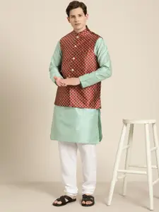 SOJANYA Men Sea Green & Beige Striped Thread Work Straight Kurta Churidar & Nehru Jacket