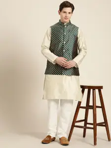 SOJANYA Men Cream-Coloured Striped Thread Work Straight Kurta Churidar & Nehru Jacket