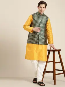 SOJANYA Men Mustard Yellow & Beige Striped Thread Work Straight Kurta Churidar NehruJacket