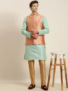 SOJANYA Men Sea Green Striped Kurta with Churidar & Nehru Jacket