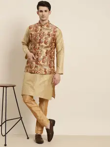 SOJANYA Men Golden Kurta with Churidar & Nehru Jacket