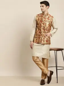 SOJANYA Men Beige Striped Kurta with Pyjamas & Nehru Jacket
