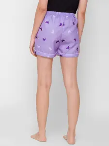 NOIRA Women Purple & White Graphic Printed Cotton Lounge Shorts