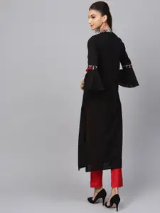 Indo Era Women Black & Red Geometric Yoke Design Bell Sleeves Pure Cotton Kurta