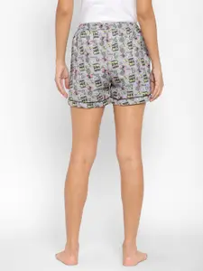 NOIRA Women Grey & Pink Conversational Printed Cotton Lounge Shorts