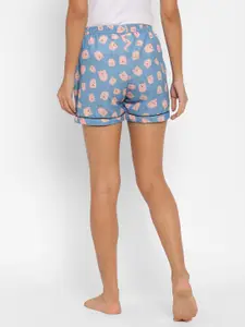 NOIRA Women Blue & Pink Printed Lounge Shorts