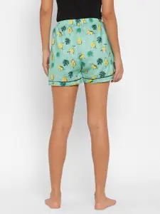 NOIRA Women Green & Yellow Conversational Printed Cotton Lounge Shorts