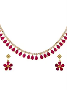 Silvermerc Designs Women Gold-Plated & Red AD Stone Studded & Beaded Necklace Set