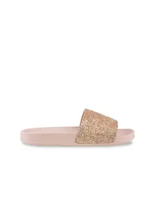 Mochi Women Rose Gold Embellished Open Toe Flats