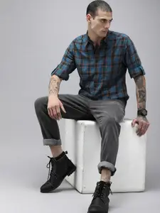 The Roadster Lifestyle Co Men Blue & Orange Checked Pure Cotton Casual Shirt