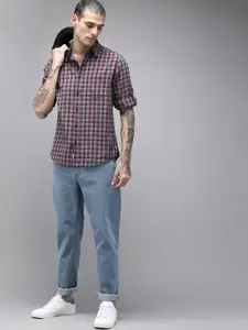 The Roadster Lifestyle Co Men Navy Blue & Mauve Checked Pure Cotton Casual Shirt