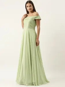 Ethnovog Green Embellished One Shoulder Georgette Gown