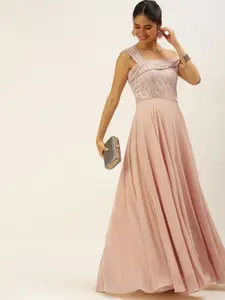 Ethnovog Peach-Coloured Sequinned One Shoulder Georgette Maxi Dress