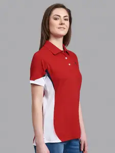 Beverly Hills Polo Club Women Red & White Colourblocked Polo Collar T-shirt