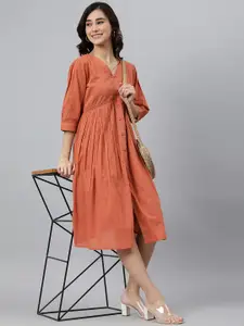 Janasya Women's Coral Orange Pure Cotton Solid Flared Dress