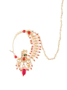 Silvermerc Designs Gold-Plated Red Stone-Studded White Pearl Beaded Meenakari Chained Nose Ring