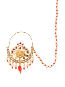Silvermerc Designs Gold-Plated Meenakari Pearl Beaded Chained Nose Ring