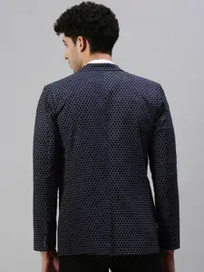 SHOWOFF Men Navy Blue & White Printed Single-Breasted Slim-Fit Casual Blazer