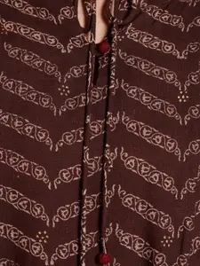 Fabindia Women Brown Geometric Print Tie-Up Neck Top