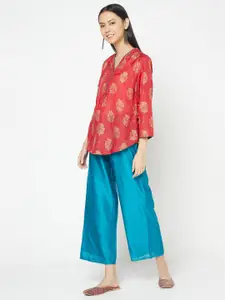 Fabindia Red & Gold-Toned Ethnic Motifs Printed Top
