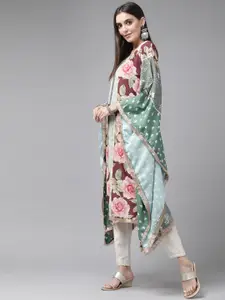 Ahalyaa Women Green & Pink Floral Printed Flared Sleeves Gotta Patti Floral Crepe Kaftan Kurta