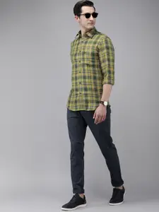 U.S. Polo Assn. U S Polo Assn Men Green & Grey Tailored Fit Checked Pure Linen Casual Shirt