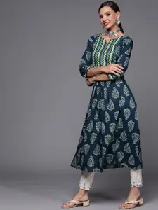 Indo Era Women Teal Blue & Green Ethnic Motifs Printed Kurta