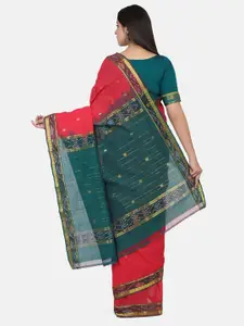 THE WEAVE TRAVELLER Coral Orange & Green Woven Design Pure Cotton Mangalagiri Saree