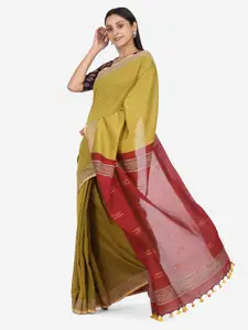 THE WEAVE TRAVELLER Khaki & Maroon Solid Zari Pure Cotton Saree