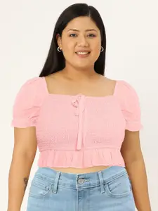 Berrylush Pink Crepe Cinched Waist Smocked Crop Top