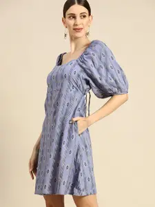 Anouk Women Blue & Golden Ethnic Motifs Printed A-Line Dress with Stylized Back