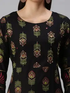 SHOWOFF Women Black Floral Printed Keyhole Neck Kurta