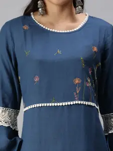 SHOWOFF Women Navy Blue Ethnic Motifs Embroidered Bell Sleeves Thread Work Kurta