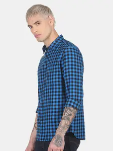 Flying Machine Men Blue Checked Pure Cotton Casual Shirt