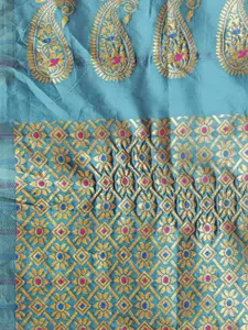 Sangria Teal Blue & Gold-Toned Ethnic Motifs Zari Silk Blend Assamese Mekhela Chador