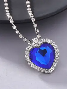 Yellow Chimes Rhodium-Plated Blue & White Crystal-Studded Heart Shaped Pendant With Chain