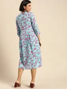 Anouk Women Blue & Purple Ethnic Motifs Fit And Flare Casual Midi Dress