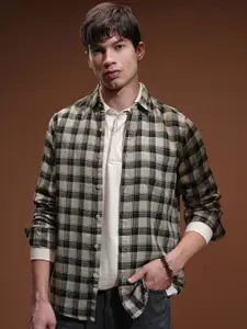 KETCH Men Beige Slim Fit Tartan Checked Cotton Casual Shirt