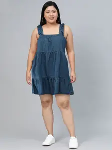 The Roadster Life Co. Women Navy Blue Cowl Neck A-Line Pure Cotton Tiered Dress