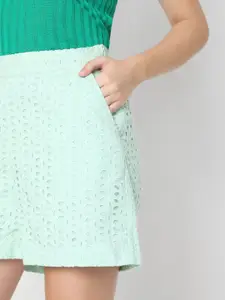 Vero Moda Women Green Schiffli Loose Fit High-Rise Cotton Shorts