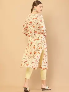 Soch Women Peach-Coloured Floral Yoke Design Linen Kurta