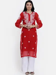 PARAMOUNT CHIKAN Women Red & White Floral Embroidered Floral Georgette Chikankari Kurta