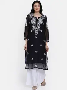 PARAMOUNT CHIKAN Women Black & White Chikankari Hand Embroidered Straight Kurta