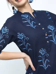 Vishudh Women Navy Blue Floral Printed Cotton Kurta